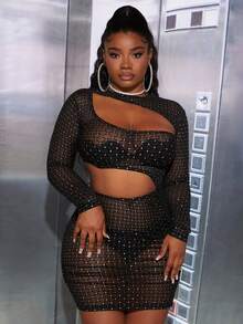 Slaydiva Rhinestone Studded Cut Out Front Bodycon Dress - Black - View 4