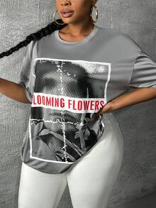 Slaydiva 大碼字母圖案落肩T恤 - 灰色 - 查看 5