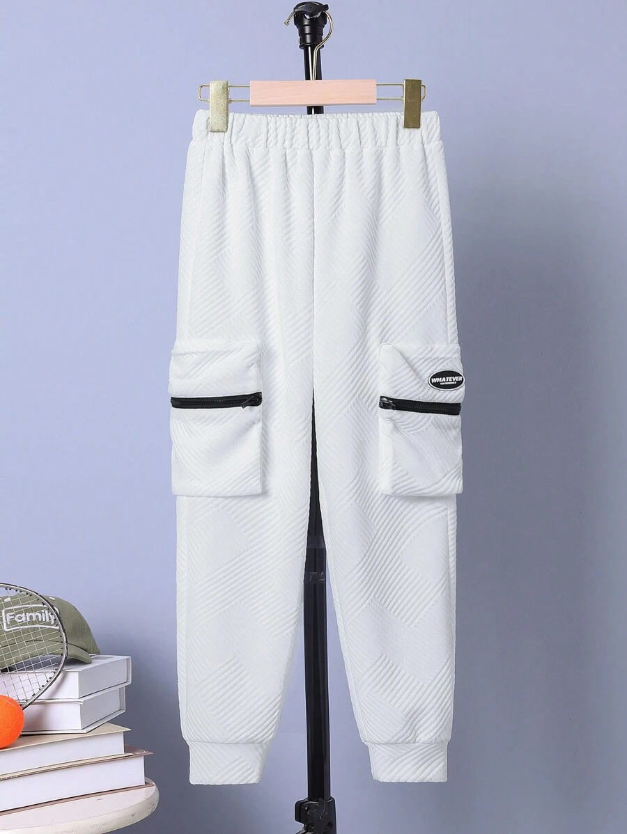 SHEIN Cậu bé Tween Túi khóa kéo Bên Eo đàn hồi Quần thể thao - trắng - Xem 1