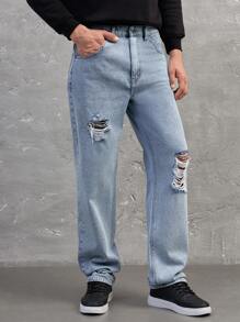 RueChic Men's Ripped Straight Jeans - Blue - View 4