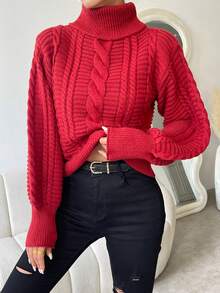 SHEIN Essnce Turtleneck Cable Knit Lantern Sleeve Sweater - Burgundy - View 6