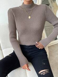 Chiquease Mock Neck Ribbed Knit Pullover Fall Winter Sweater - Mocha Brown - View 8