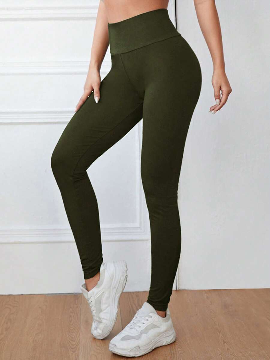 EURMUSE Wide Waistband Solid Leggings - Army Green - View 1