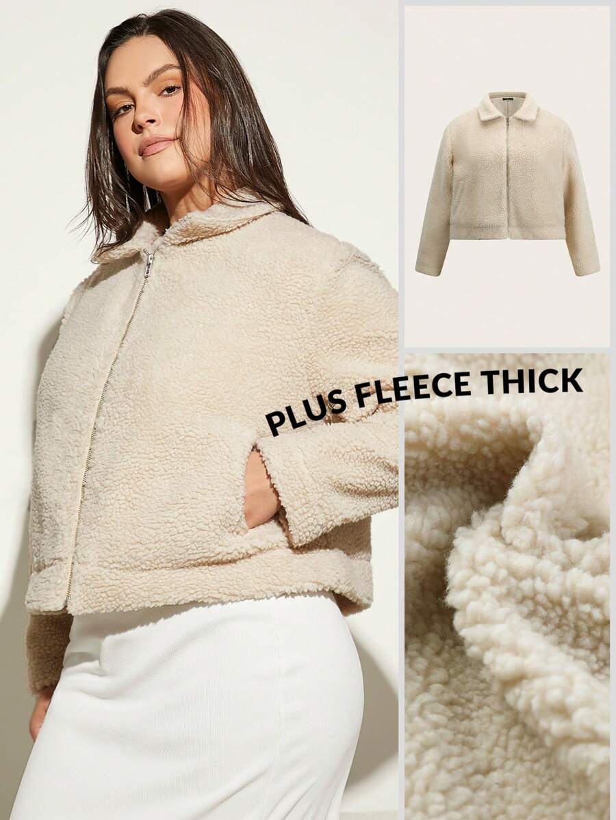 SHEIN BASICS Plus Zip Up Teddy Jacket - Apricot - View 1