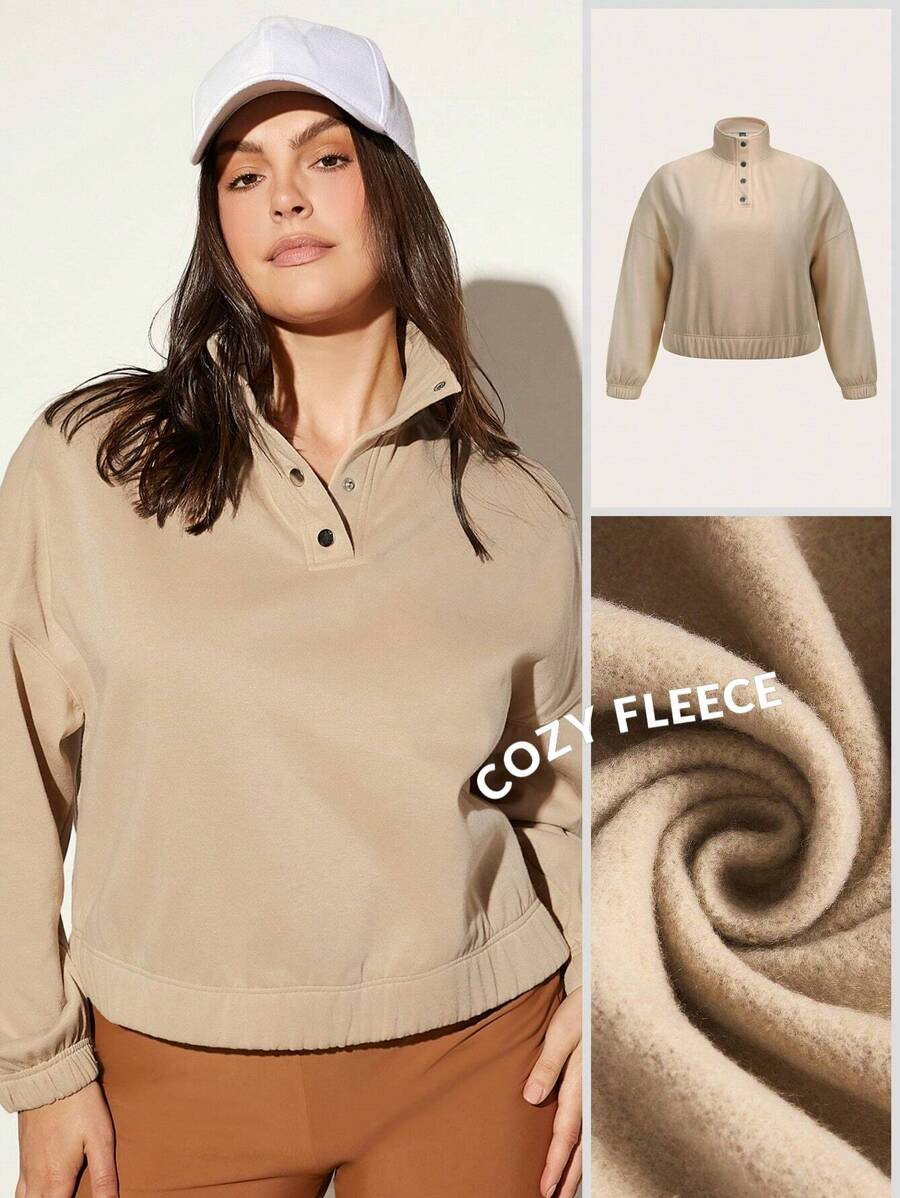 SHEIN BASICS Sudadera acogedora de polar con medio botón y hombros caídos - Albaricoque - Ver 1