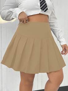 Flirla Plus High Waist Pleated Skirt - Khaki - View 5