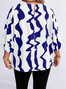 SHEIN Clasi Plus Allover Print Lantern Sleeve Blouse - Blue - View 2