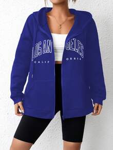 SHEIN EZwear Letter Graphic Zip Up Drop Shoulder Drawstring Hoodie - Royal Blue - View 3