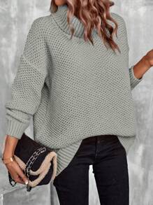 SHEIN LUNE Turtleneck Drop Shoulder Pointelle Knit Sweater - Grey - View 1