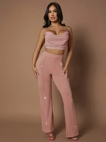 SHEIN SXY Rhinestone Chi tiết Quần ống loe - Bụi hồng - Xem 1