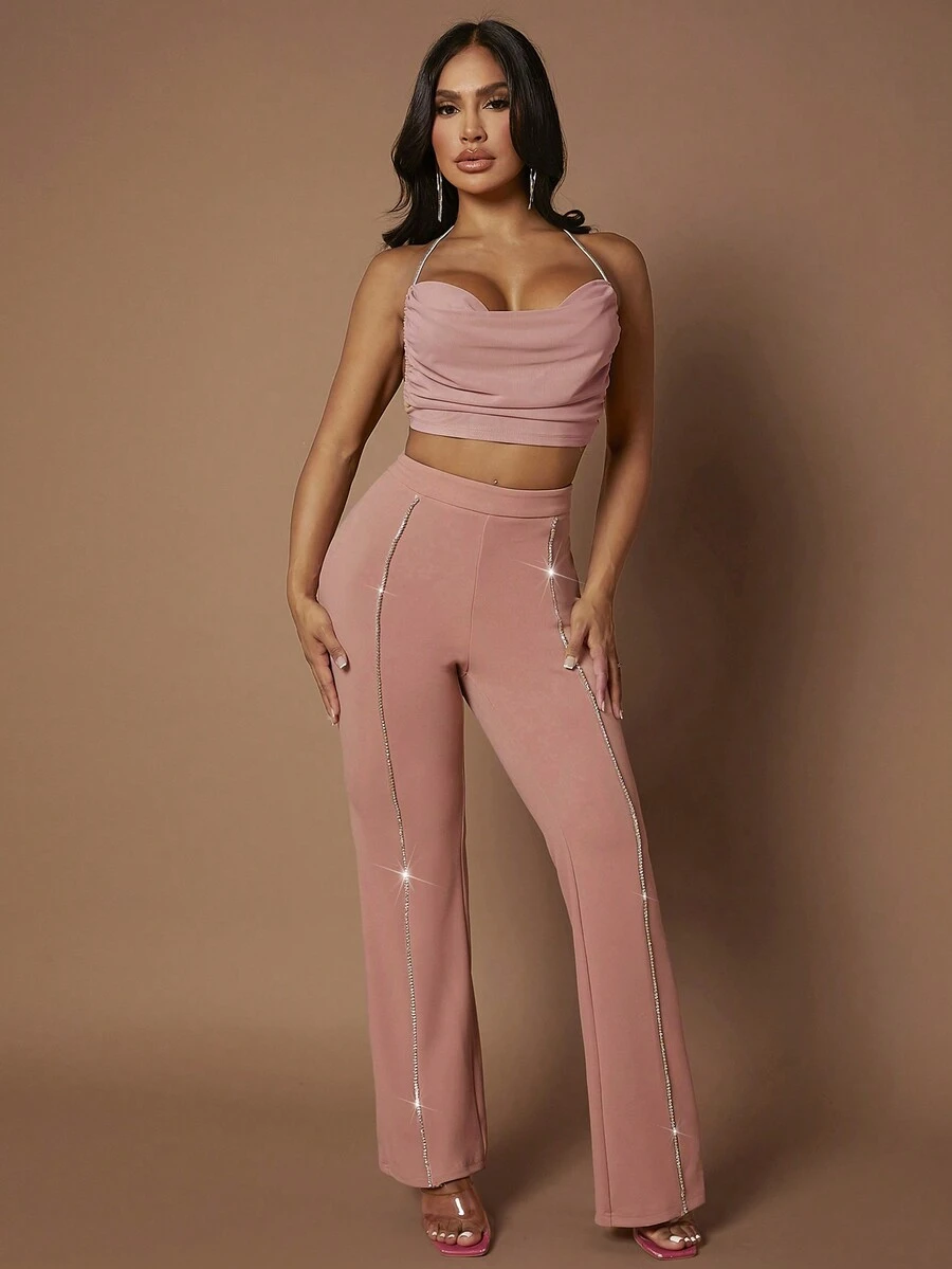 SHEIN SXY Rhinestone Chi tiết Quần ống loe - Bụi hồng - Xem 1