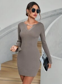 Aveloria Chain Detail Notched Neckline Bodycon Sweater Dress Fall Cloth For Women - Mocha Brown - View 3