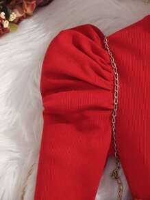 SHEIN 女大童高領羊腿袖T恤&格紋印花腰帶半身裙&帽適用於聖誕 - 紅色 - 查看 4