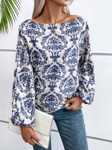 SHEIN VCAY 滿版印花不對稱領燈籠袖襯衫 - 藍色 - 查看 6