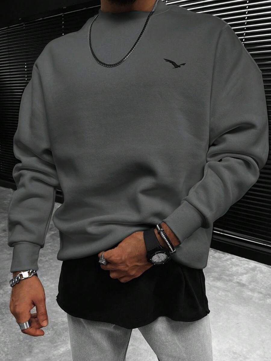 Manfinity Homme Men Plus Bird Embroidery Mock Neck Sweatshirt - Grey - View 1