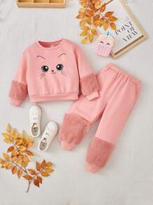 SHEIN Young Girl Cartoon Graphic Teddy Panel Hoodie & Sweatpants - Multicolor - View 1