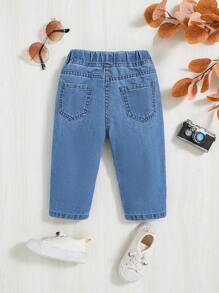 SHEIN 女嬰彈性腰帶接縫細節牛仔褲 - 中等水洗藍 - 查看 2