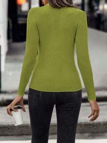 SHEIN Unity Mock Neck Ribbed Knit Jumper - Lime Green - View 2