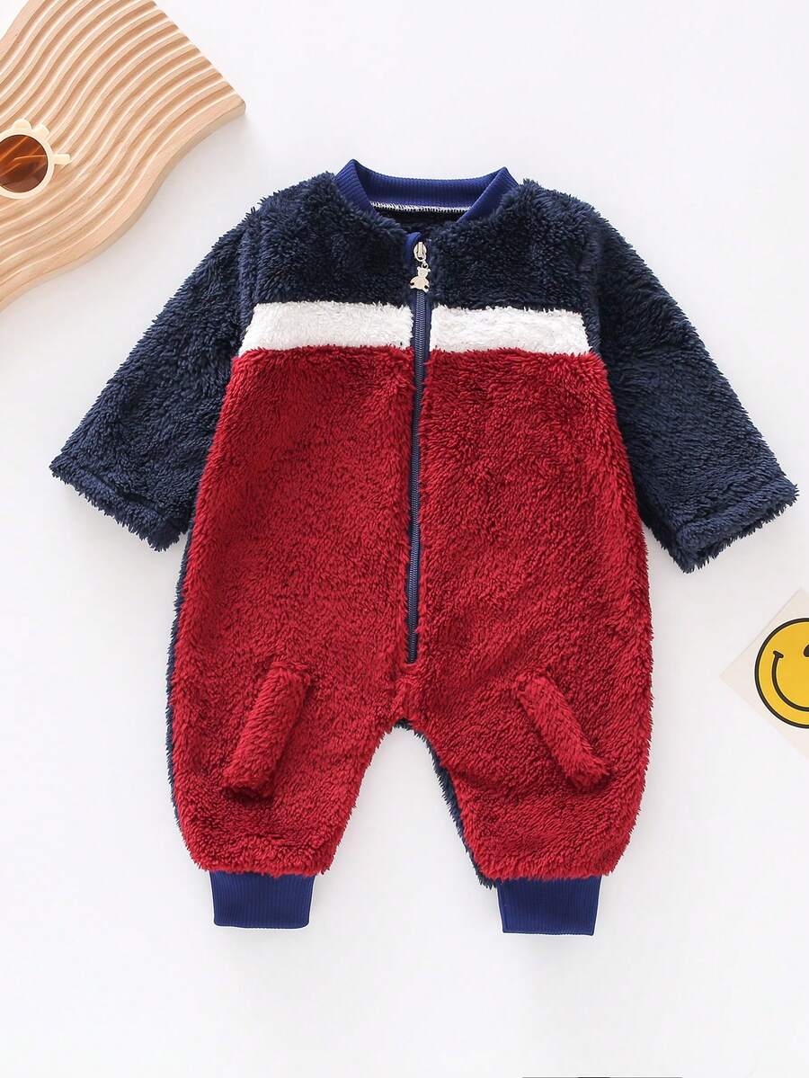 男嬰撞色絨毛連身褲 - 彩色 - 查看 1