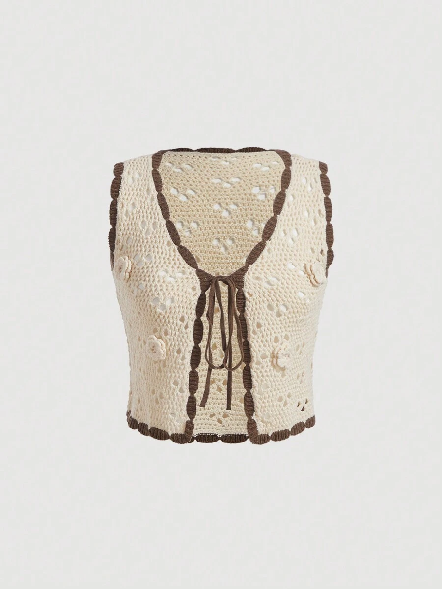 SHEIN MOD Tie Front Pointelle Knit Cardigan Without Blouse - Apricot - View 1