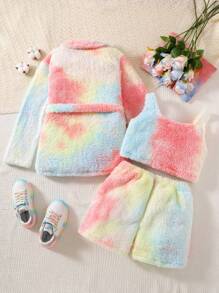 SHEIN Tween Girl Tie Dye Flannel Tank Top & Shorts & Coat - Multicolor - View 2