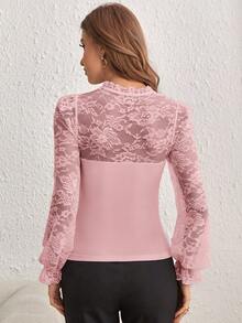 SHEIN Privé Ren tương phản Cắt ra Cà vạt tay áo lá sen Áo - Bụi hồng - Xem 2