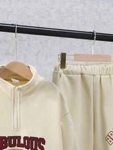 SHEIN Tween Boy Slogan Graphic Half Zip Sweatshirt & Sweatpants - Apricot - View 5