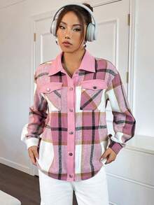 SHEIN Qutie In kẻ sọc Thả vai Túi có nắp áo - Màu Hồng baby - Xem 5