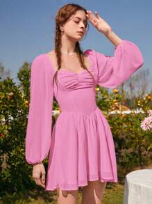 SHEIN MOD Sweetheart Neck Lantern Sleeve Ruched Bust Flare Hem Date Night Pink Dress - Hot Pink - View 3