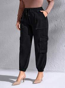EMERY ROSE Plus Drawstring Waist Flap Pocket Cargo Jeans, Fall Women Clothes - Black - View 2