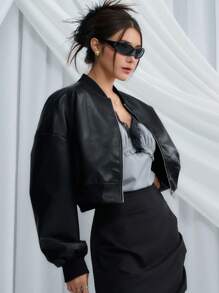 DAZY Thả vai Dây kéo Mùa vụ Áo khoác bomber - màu đen - Xem 1