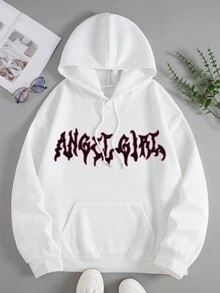 SHEIN EZwear Plus Size Wings Print Drawstring Thermal Lined Sweatshirt - White - View 2