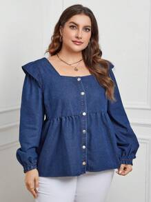 SHEIN LUNE 大碼方領荷葉邊荷葉邊下擺牛仔上衣 - 藍色 - 查看 5