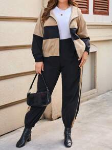 SHEIN Essnce 大碼撞色拉鏈開襟連帽夾克和褲子 - 彩色 - 查看 6