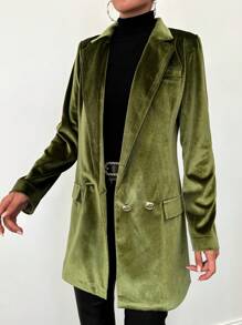 EURMUSE Double Button Velvet Blazer - Green - View 4