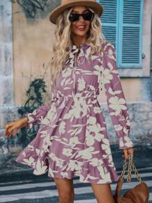 Breezaya 波西米亞揉皺 荷葉邊 前綁帶蝴蝶結花卉印花 全身印花女士連衣裙 - 淡紫色 - 查看 1