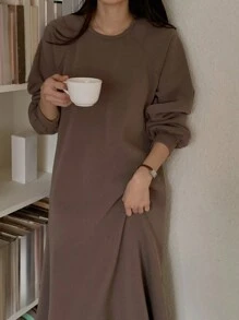 DAZY 女士纯色日常穿搭插肩袖连衣裙，秋季长袖连衣裙，带保暖内衬 - 棕色 - 查看 3