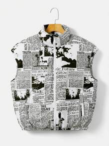 SHEIN EZwear Plus Size Báo In Zip Up Vest Đệm Áo - Đen và trắng - Xem 1