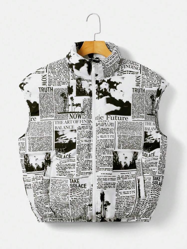 Plus Size Newspaper Print Zip Up Vest Padded Coat