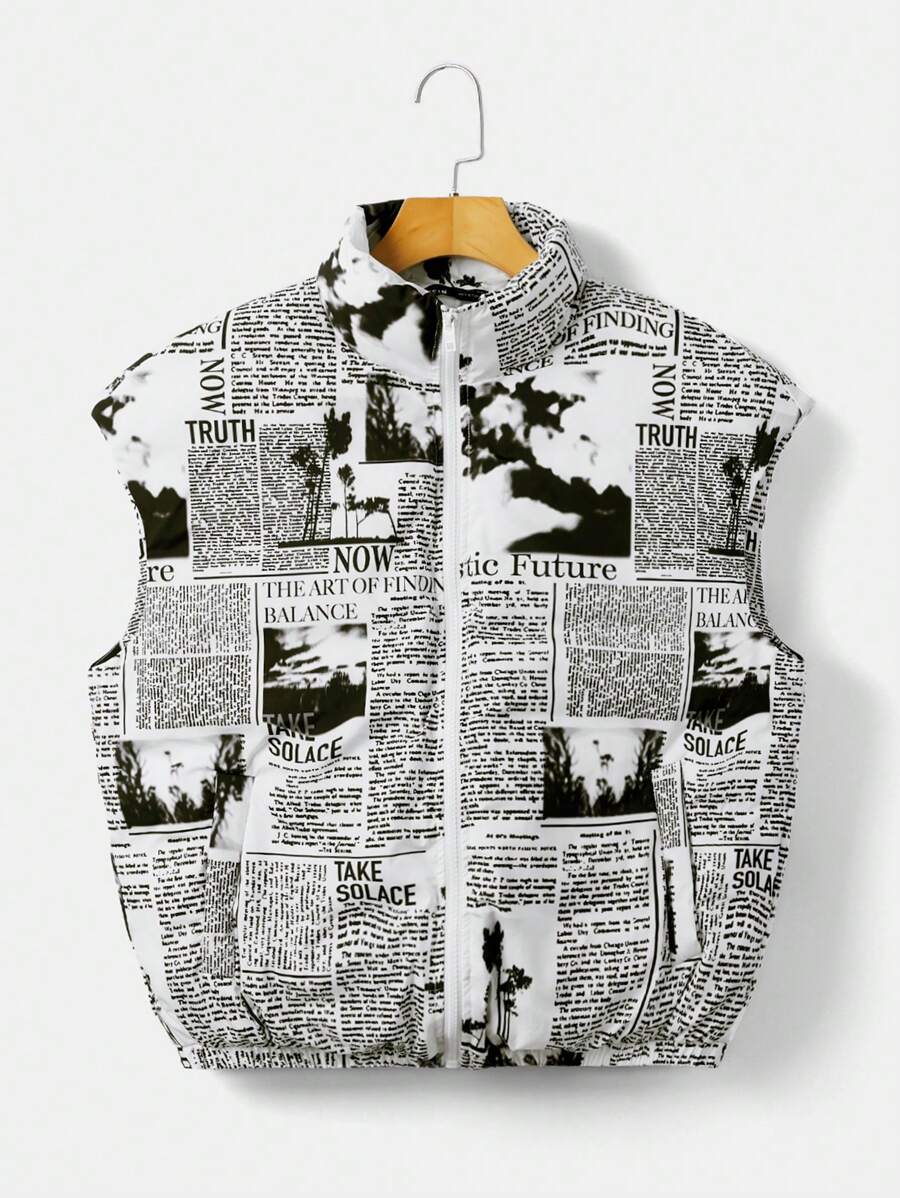 SHEIN EZwear Plus Size Báo In Zip Up Vest Đệm Áo - Đen và trắng - Xem 1