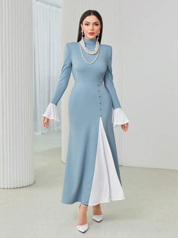 Modelyn Vestido modesto de manga larga acampanada con cuello de polo de bloques de color, vestidos de noche largos