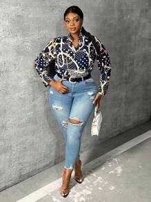 Slaydiva Plus Size Women's Long Sleeve Metal Chain Pattern V-Neck Regular Blouse, Suitable For Daily, Elegant Commute, Mother's Day, Blue - Blue - View 5