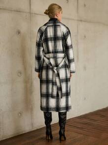 SHEIN Essnce Plaid Print Double Breasted Belted Overcoat - Multicolor - View 2