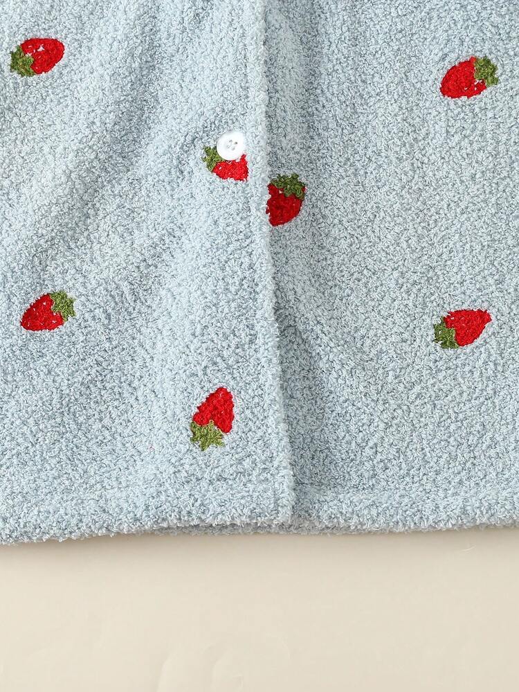 Tween Girl Strawberry Embroidery 3D Ears Design Hooded Flannel Sleep Robe