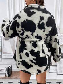 Calvaya Hơn Hình con bò Thả vai Thắt lưng Áo khoác Teddy - Đen và trắng - Xem 3