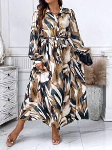 Celure Plus Allover Print Belted Shirt Dress - Yellow - View 5