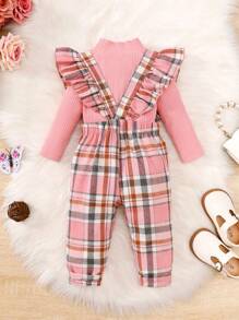 SHEIN Vintaside Kids Baby Girl Mock Neck Tee & Plaid Ruffle Trim Bow Front Overall Jumpsuit, For Christmas - Multicolor - View 2