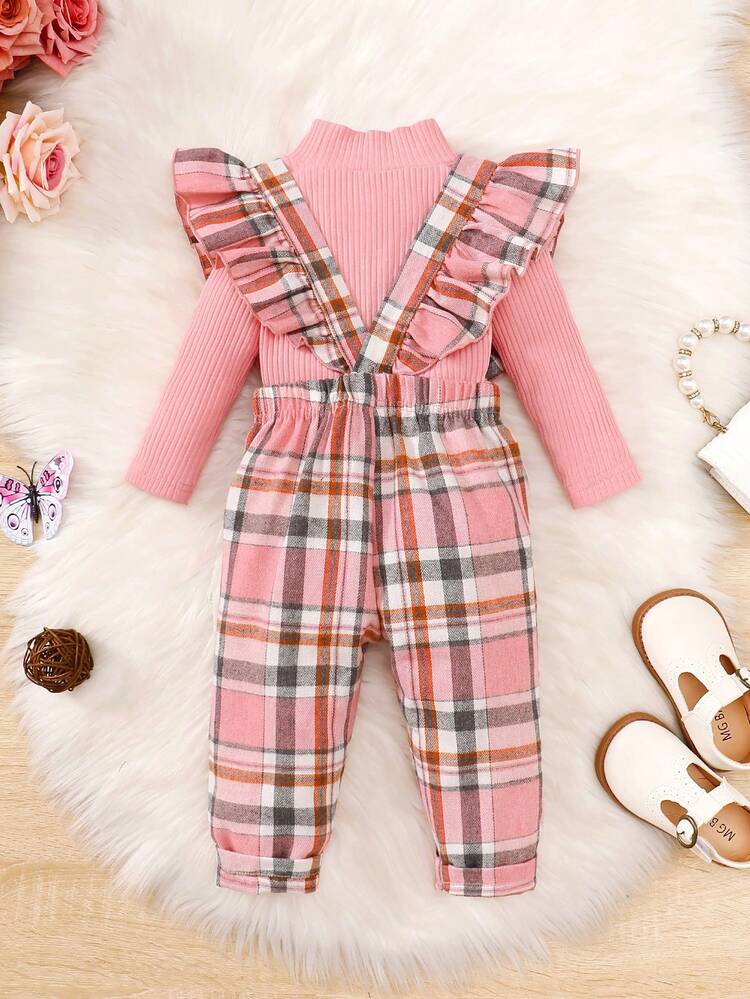 Baby Girl Mock Neck Tee & Plaid Ruffle Trim Bow Front Overall Jumpsuit, For Christmas