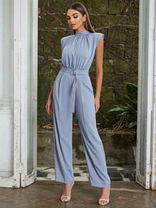 Simple And Retro Standing Collar Sleeveless Pleated Belt Slim Wide Leg Jumpsuit Woman