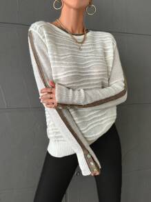 EURMUSE Striped Pattern Button Detail Sweater